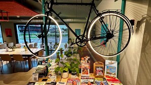 A bicycle suspended above a table with magazines and a potted plant.