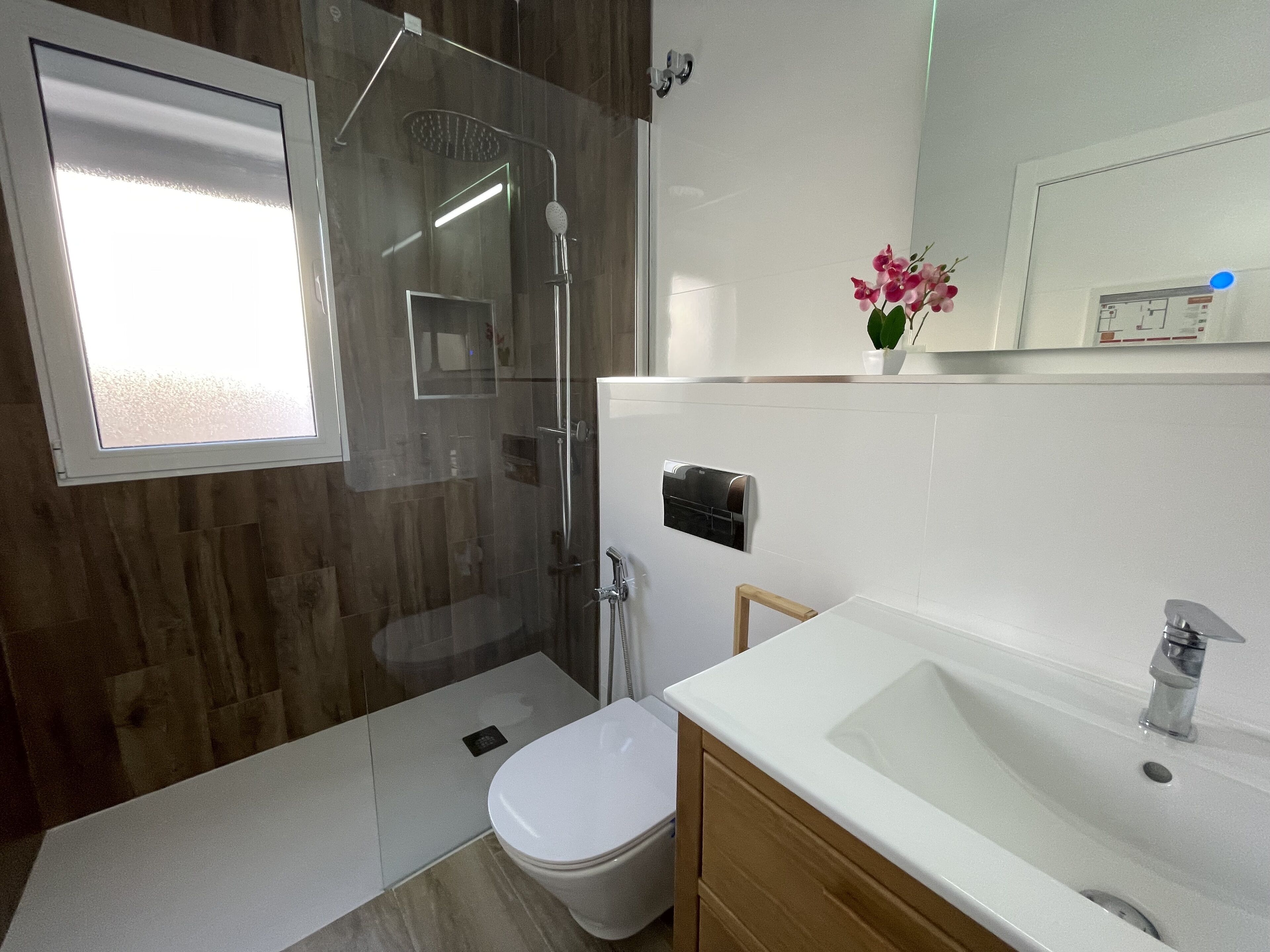 Regadera, secadora de cabello, bidet, toallas 