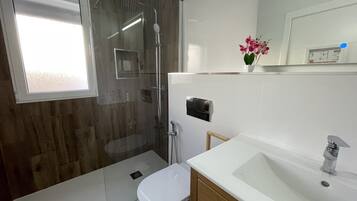 Regadera, secadora de cabello, bidet, toallas