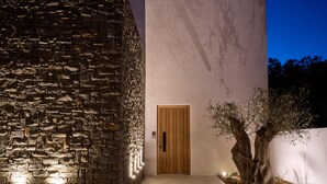 Un mur de pierre avec une porte en bois et un arbre devant.