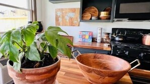 A kitchen with dark cabinets, a wooden countertop, a potted plant, a wooden bowl, a stove, and a window with a view of the outside. - 🌾Welcoming Tiny Home! Downtown & Beachy☀️ (Guilford)