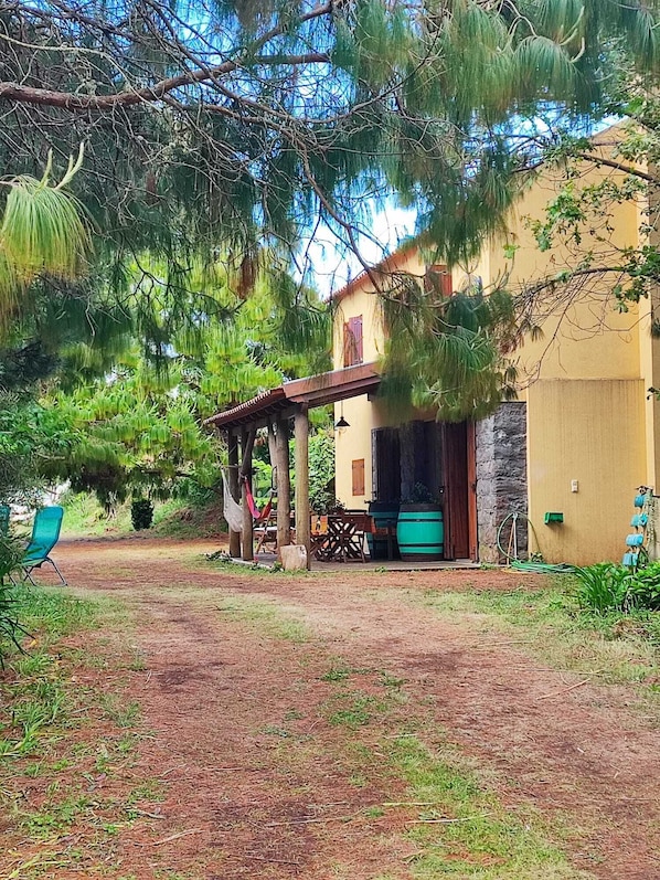 A rustic house with a porch, a stone wall, and a green barrel. - Casa de Campo a 9Km da Praia e do Aeroporto (Santo António da Serra)