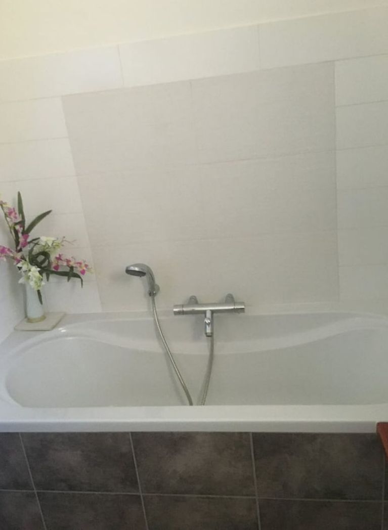 Un bagno con una vasca, una doccia e un vaso di fiori appeso al muro.