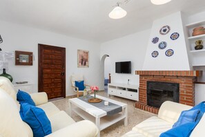 Televisión, chimenea, reproductor de DVD