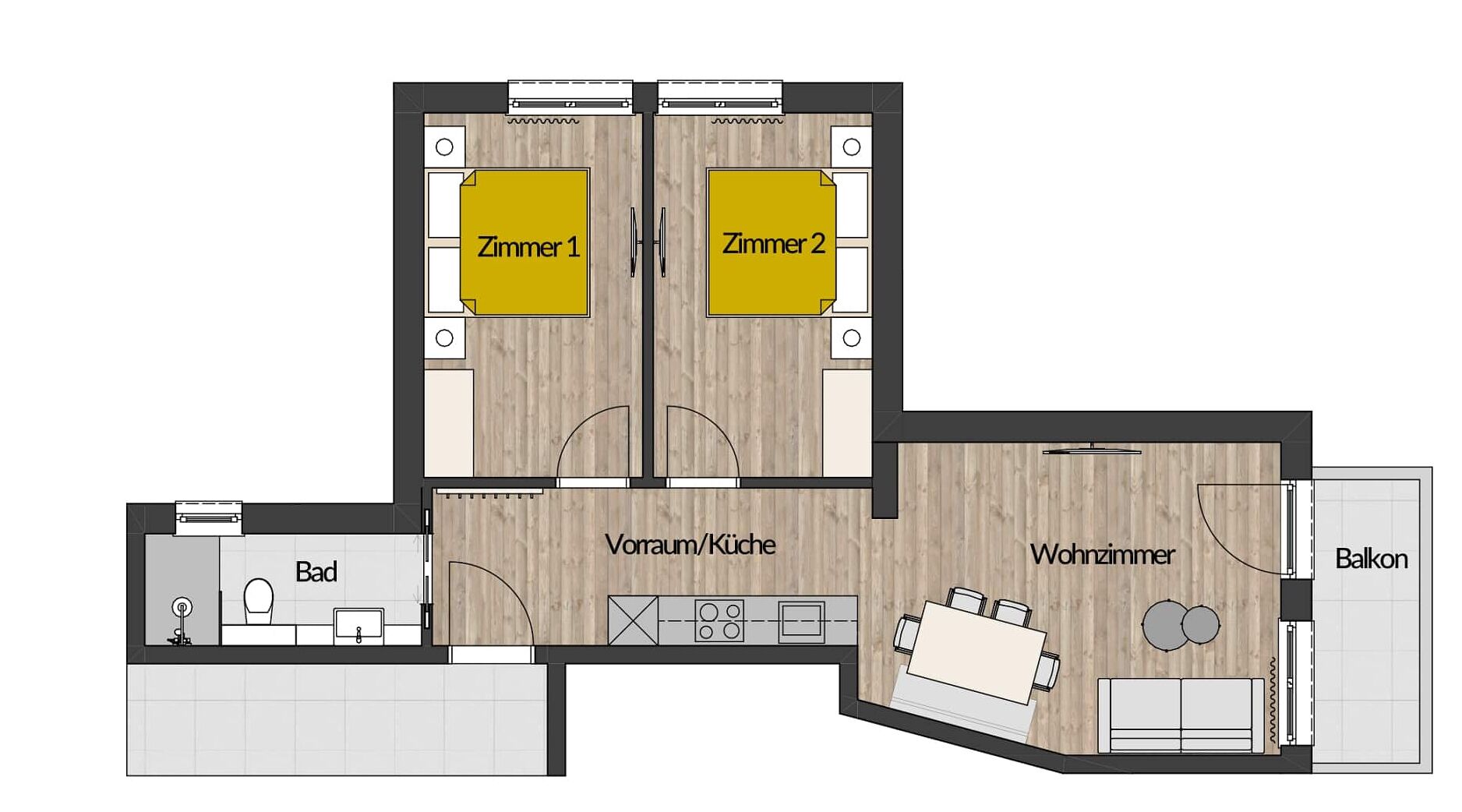 Een plattegrond met twee slaapkamers, een badkamer, een keuken, een woonkamer en een balkon.