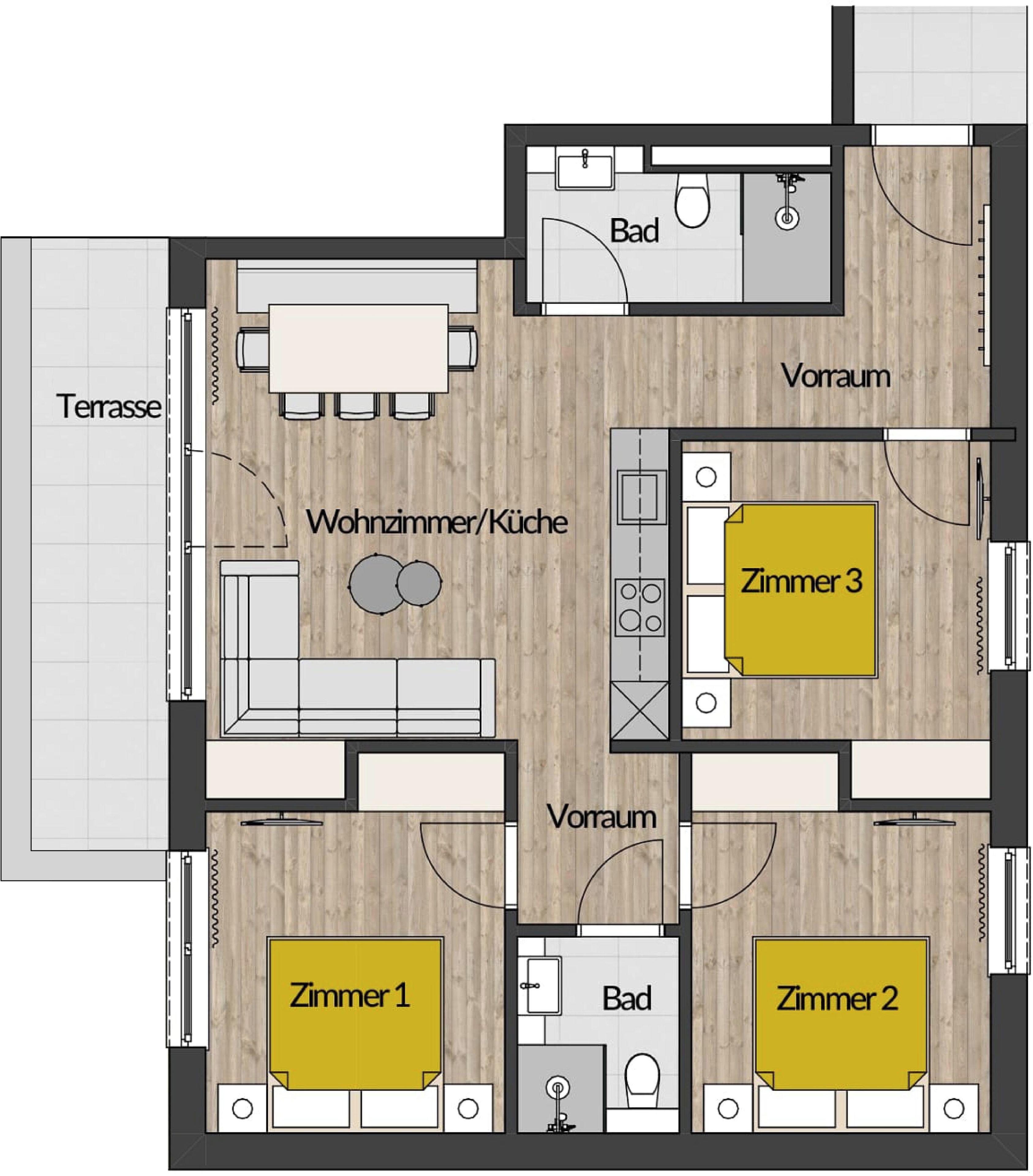 A floor plan of a hotel with three bedrooms, a kitchen, a bathroom, and a terrace.