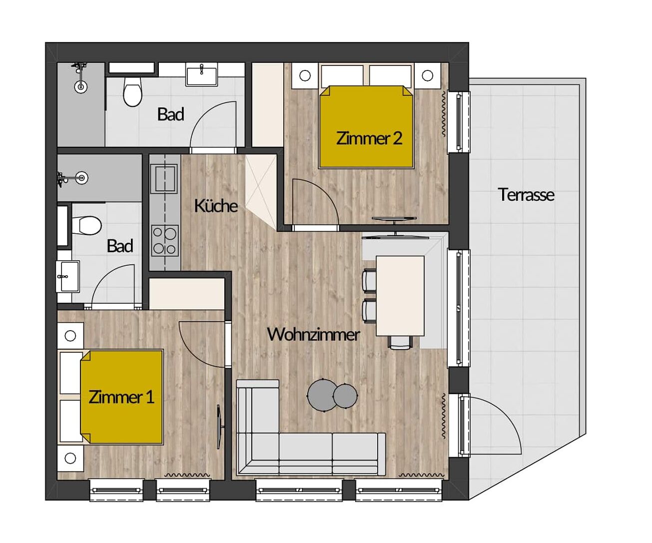 A floor plan of a hotel room with a kitchen, two bedrooms, a bathroom, and a terrace.