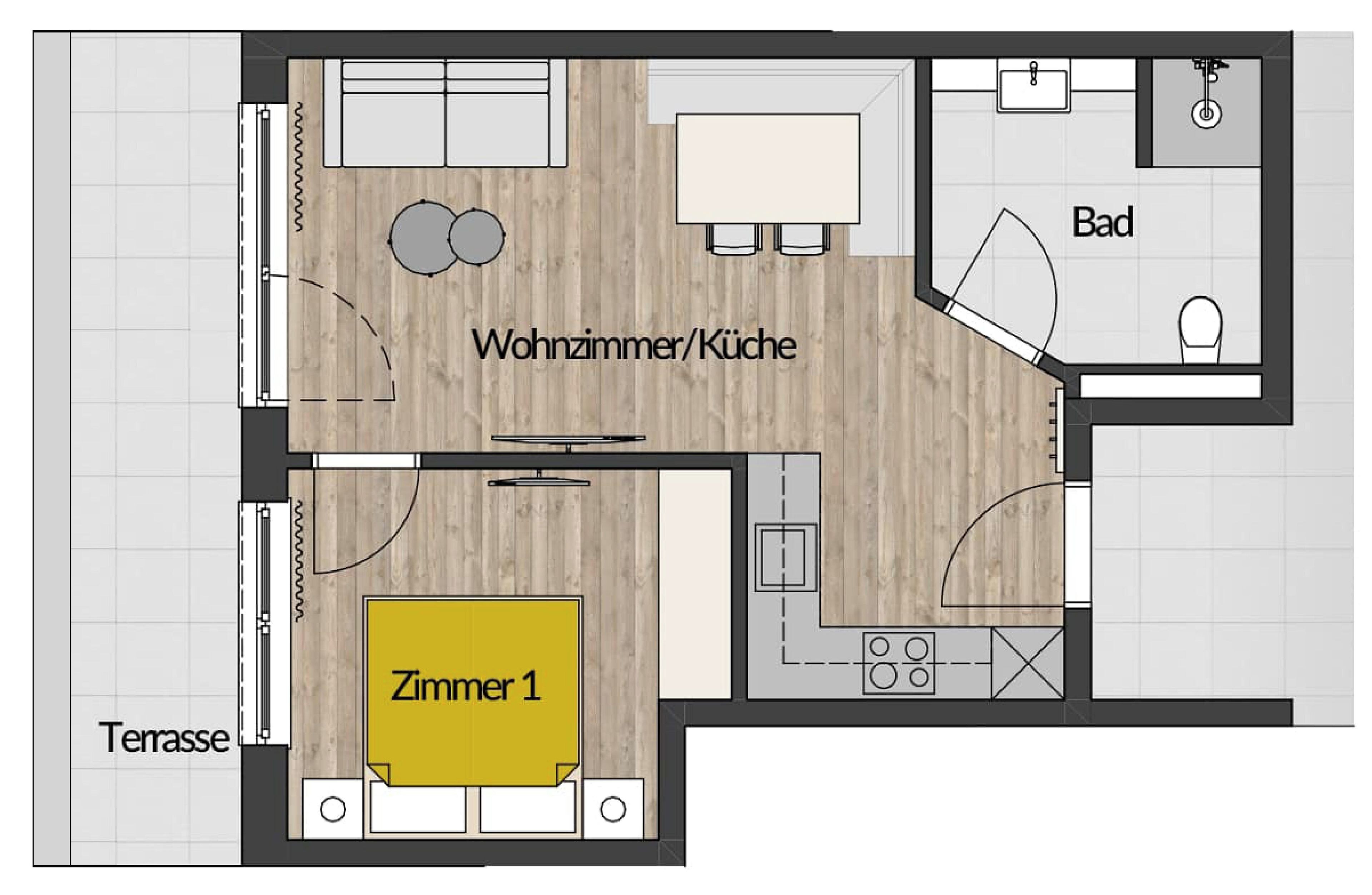 Planta baixa de um imóvel residencial, com sala de estar/cozinha, um banheiro e um quarto.