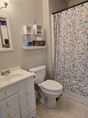 Bathroom features a sink, toilet, and shower with a floral-patterned curtain.