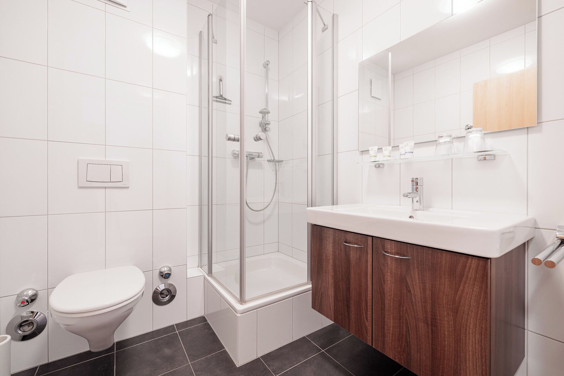 A modern bathroom with a glass-enclosed shower, a white toilet, a vanity with a mirror, and a sink.