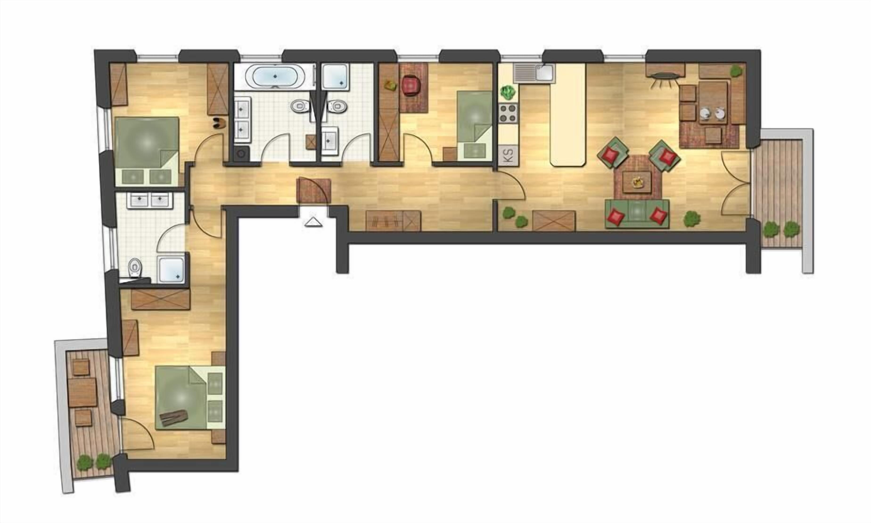 Un plan d’étage d’un hôtel comprenant une cuisine, un coin repas, deux chambres et un salon.