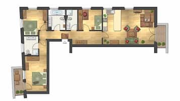 Un plan d’étage d’un hôtel comprenant une cuisine, un coin repas, deux chambres et un salon.