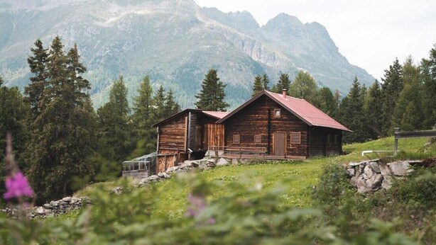 Eine rustikale Holzhütte mit rotem Dach, umgeben von üppiger Vegetation und Bergen im Hintergrund.