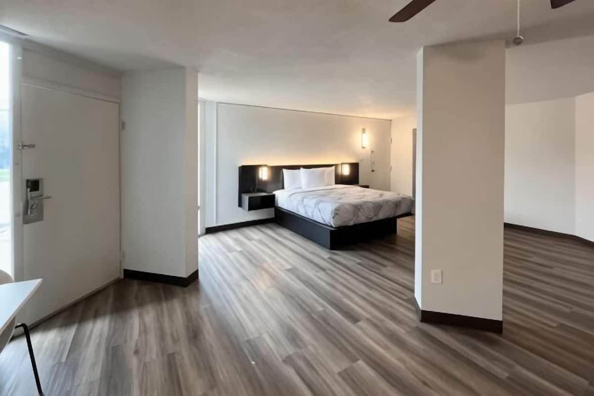 A modern bedroom with a large bed, a bedside table, and a nightstand.