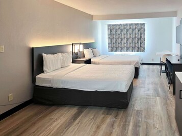 Desk, laptop workspace, blackout curtains, iron/ironing board