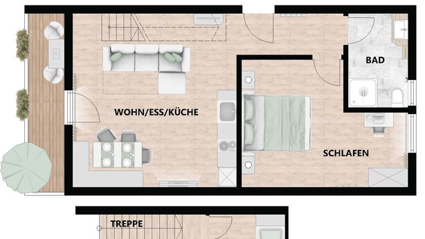 Een plattegrond van een hotel met een woonkamer, keuken, badkamer en twee slaapkamers.