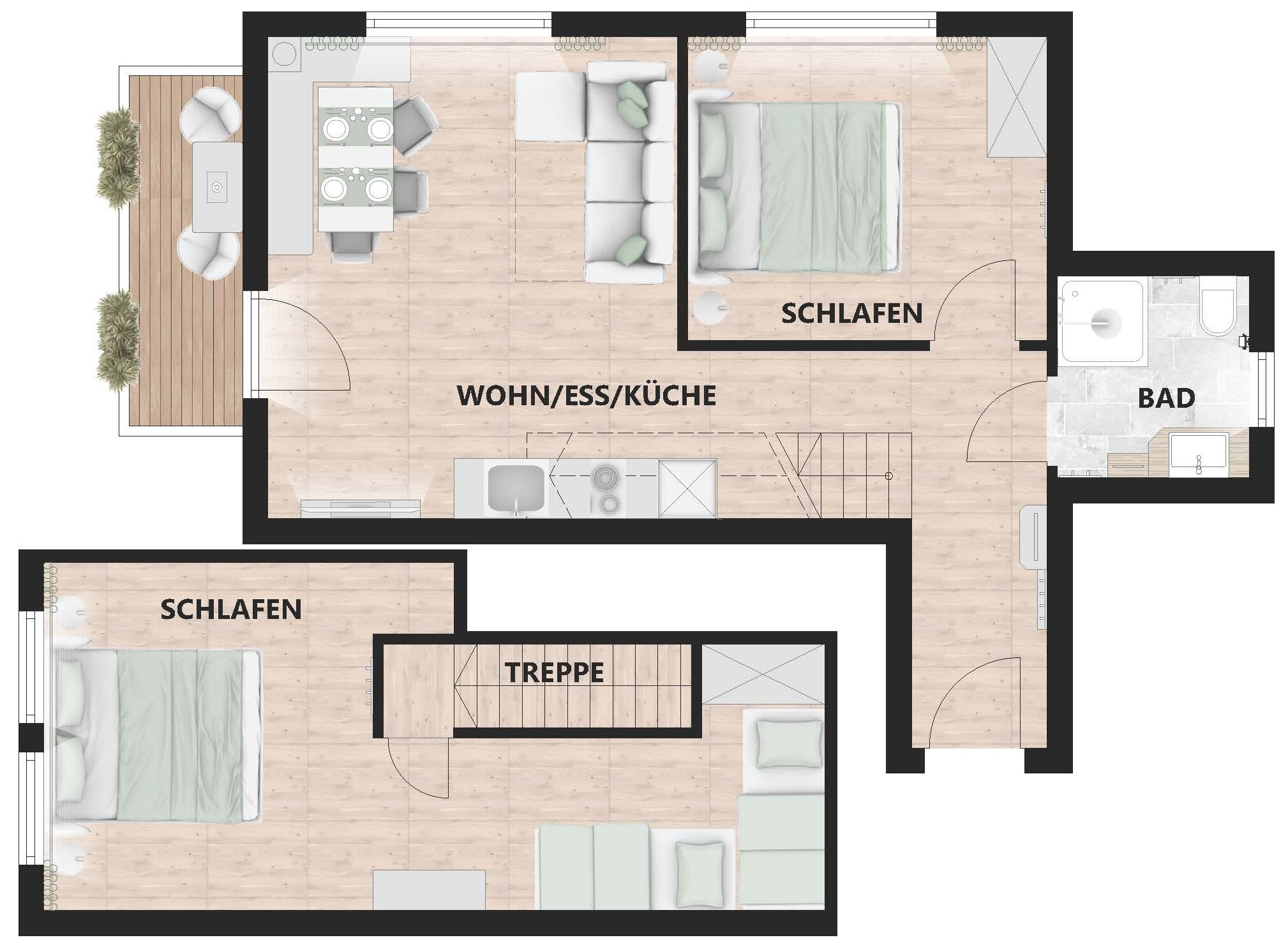 Een plattegrond van een hotel met aangeduide kamers: 'SCHLAFEN' (slaapkamers), 'WOHN/ESS/KÜCHE' (woon/eet/keuken), 'TREPPEN' (trap), en 'BAD' (badkamer).
