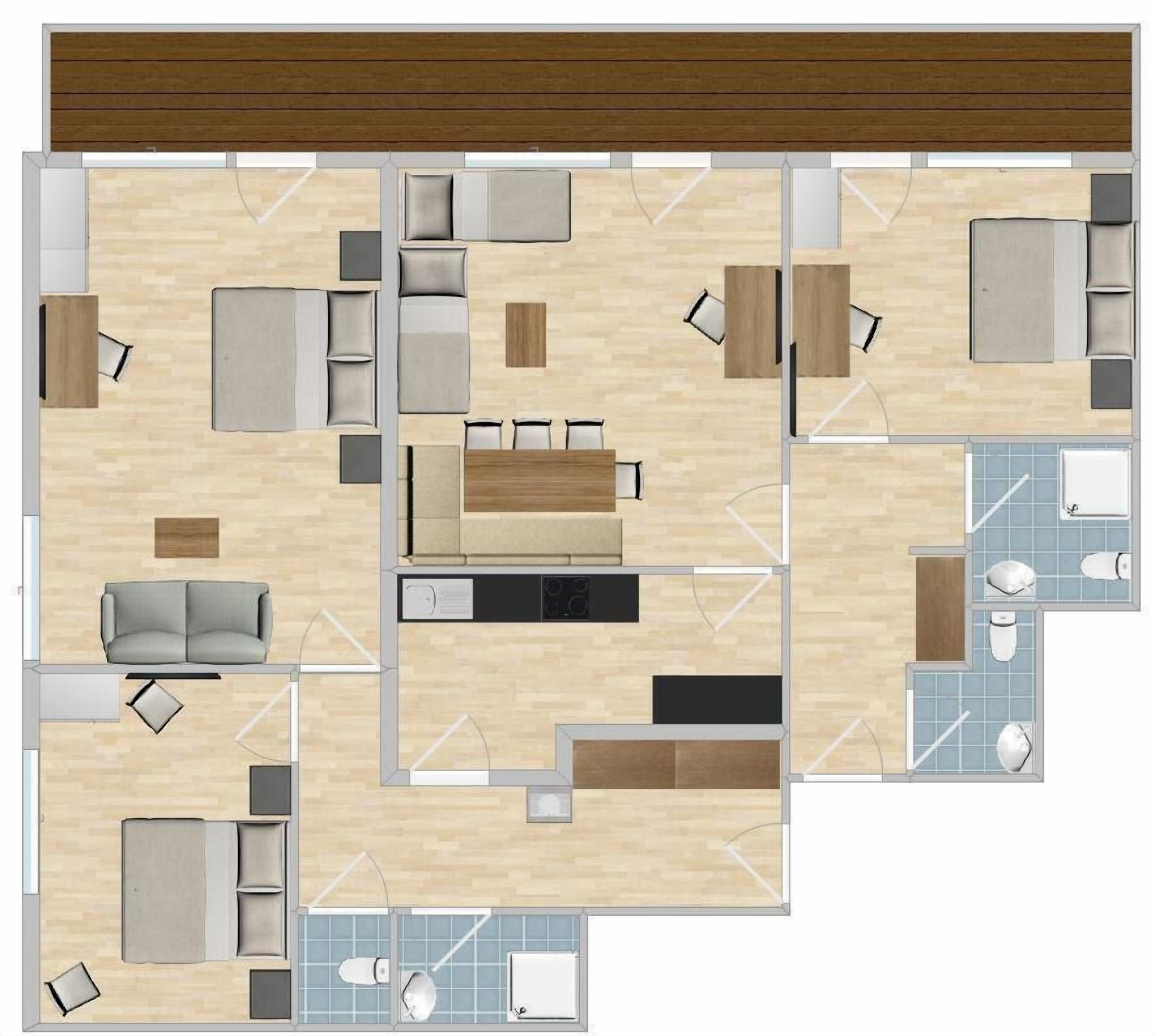 Plano de un cuarto de hotel que incluye una cama, un sofá, una mesa de comedor, una cocina y un baño.