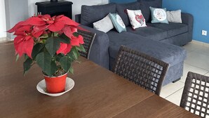 A modern living room with a grey sofa, a dining table with a red potted plant, and a blue accent wall. - Appartement Les Orres Chef Lieu (Les Orres Chef Lieu)