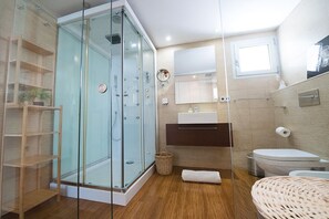 Shower, hair dryer, bidet, towels