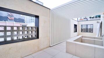 Terrace Family Twin (2PC, Sun Bed, Indoor Tub, Air Dresser, 65-inch Smart TV, Air Purifier, Netflix) | Down comforters, memory foam beds, desk, laptop workspace