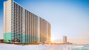 On the beach, sun-loungers, beach towels