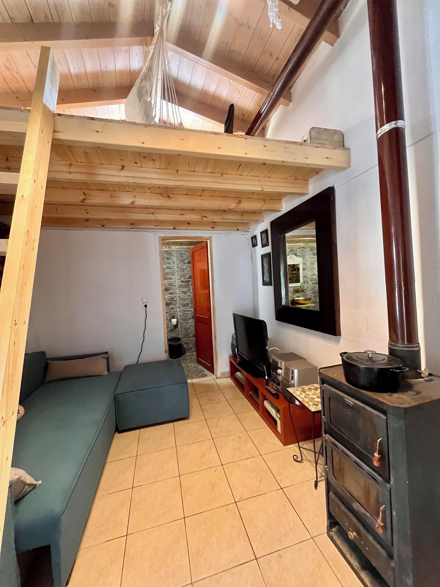 Smart TV, fireplace, books