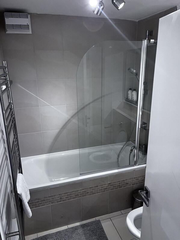 A modern bathroom with a glass-enclosed shower, a bathtub, and a toilet.