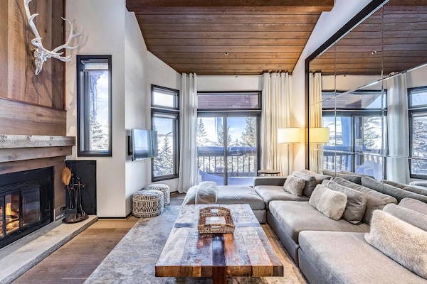 TV connectée, cheminée, livres