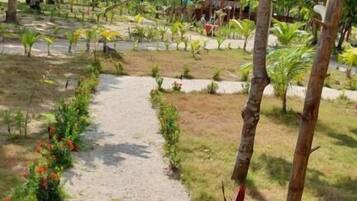 A garden pathway with a thatched-roof structure in the background.