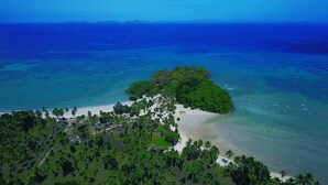 Vue aérienne d’une île tropicale avec une plage, une végétation luxuriante et des eaux d’un bleu limpide.