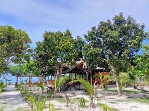 Un complexe hôtelier situé en bord de mer, doté d’une structure à toit de chaume, entouré de palmiers et bordé d’une plage de sable.