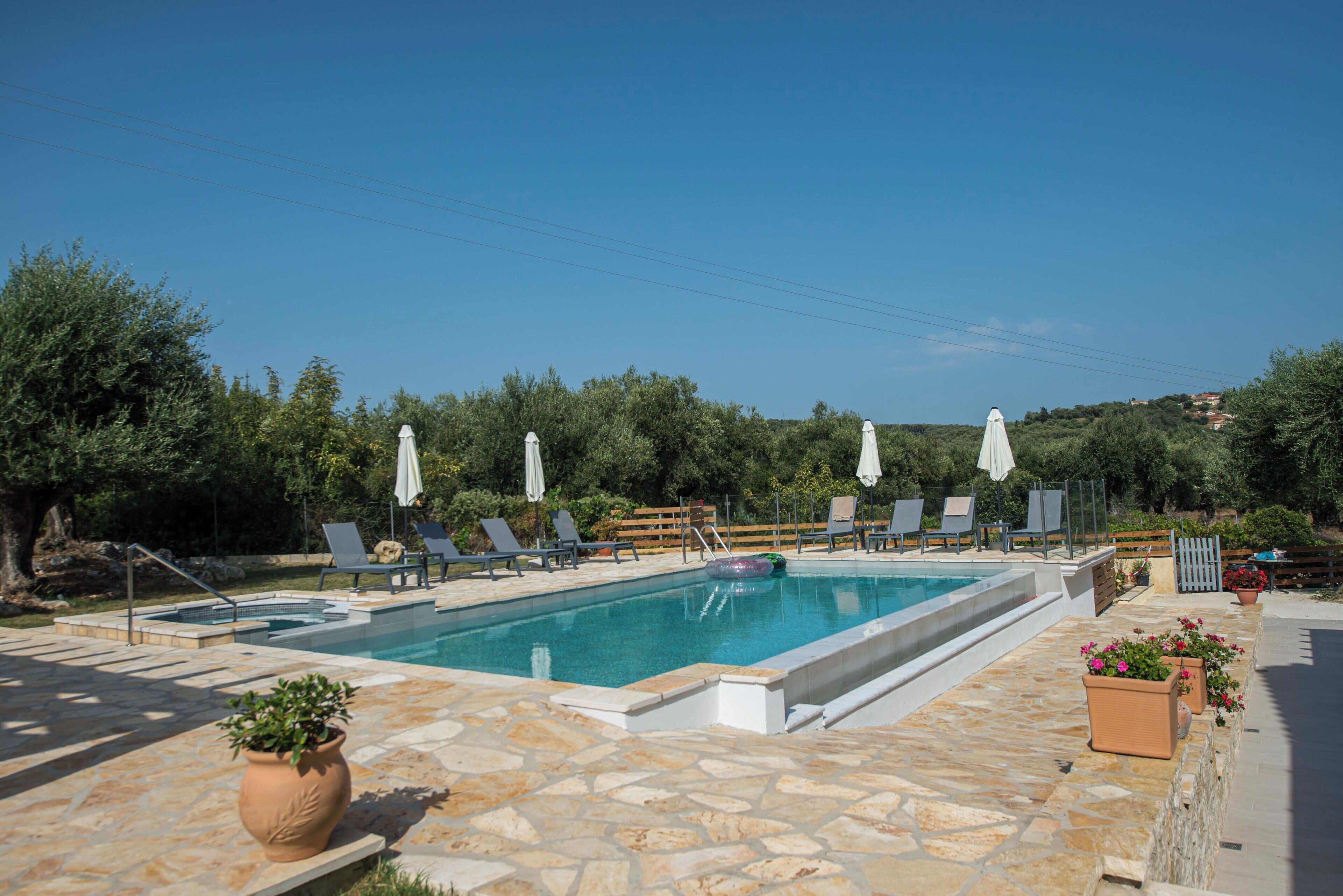 A rectangular swimming pool with a stone deck, surrounded by lounge chairs and umbrellas, set in a landscaped area with trees and a hill in the background.