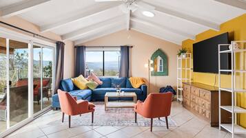 Smart TV, fireplace, books, stereo