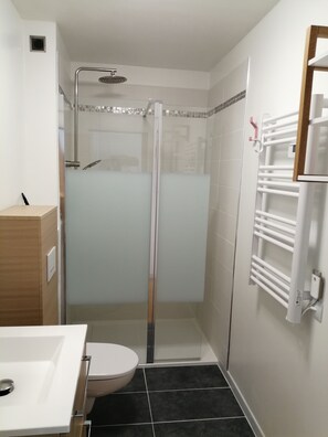 A modern bathroom with a glass-enclosed shower, a white sink, and a toilet. - Meublé Tout Confort, Baie de Somme, 400m de la mer (Quend)