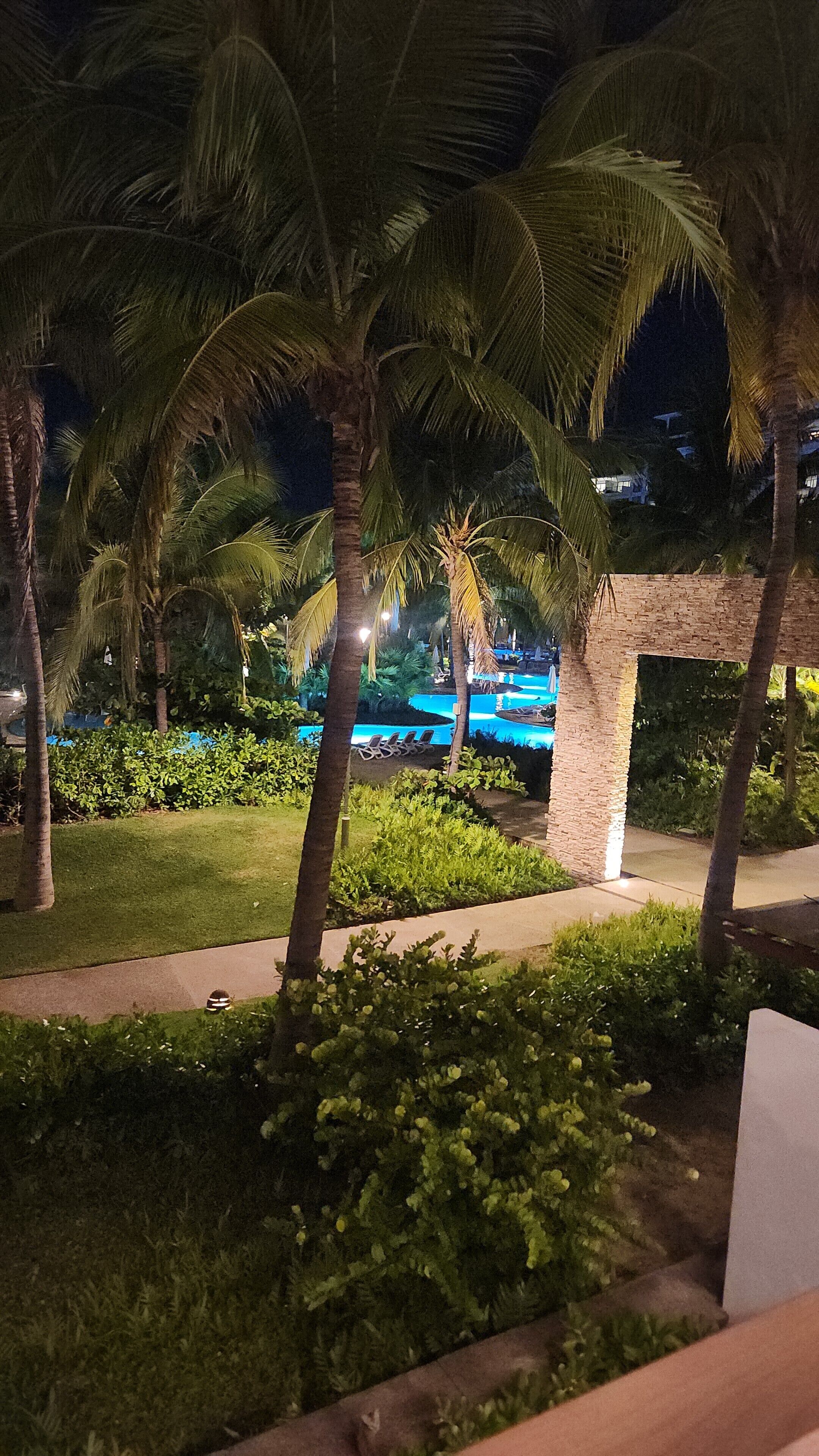 A nighttime view of a resort area with palm trees, a swimming pool, and a brick structure.