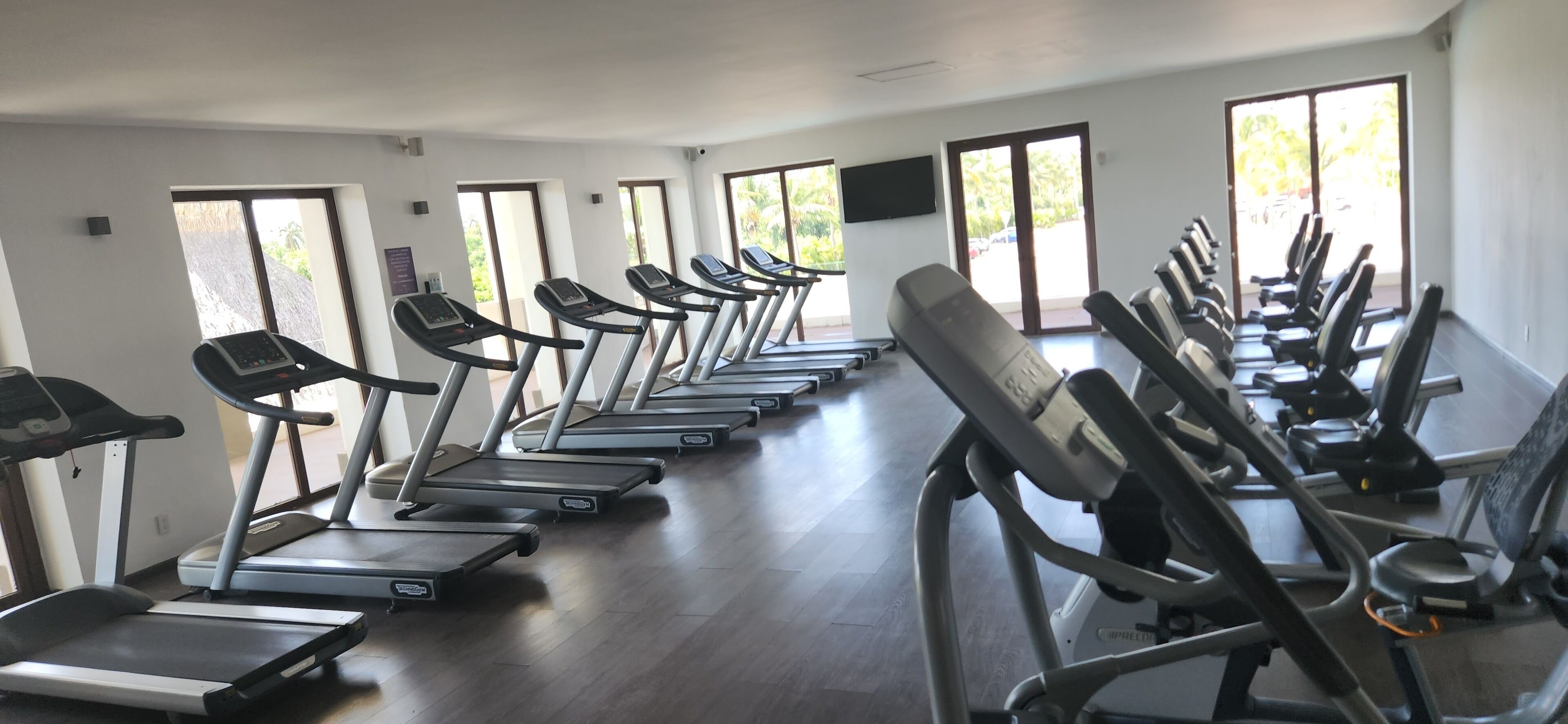 Ein Fitnessraum mit mehreren in Reihen angeordneten Laufbändern, großen Fenstern und einem ebenen Boden.