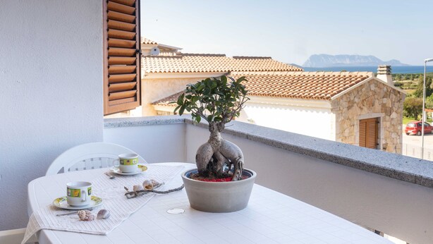 A balcony with a potted bonsai tree, a table with a cup and saucer, and a view of buildings and mountains.