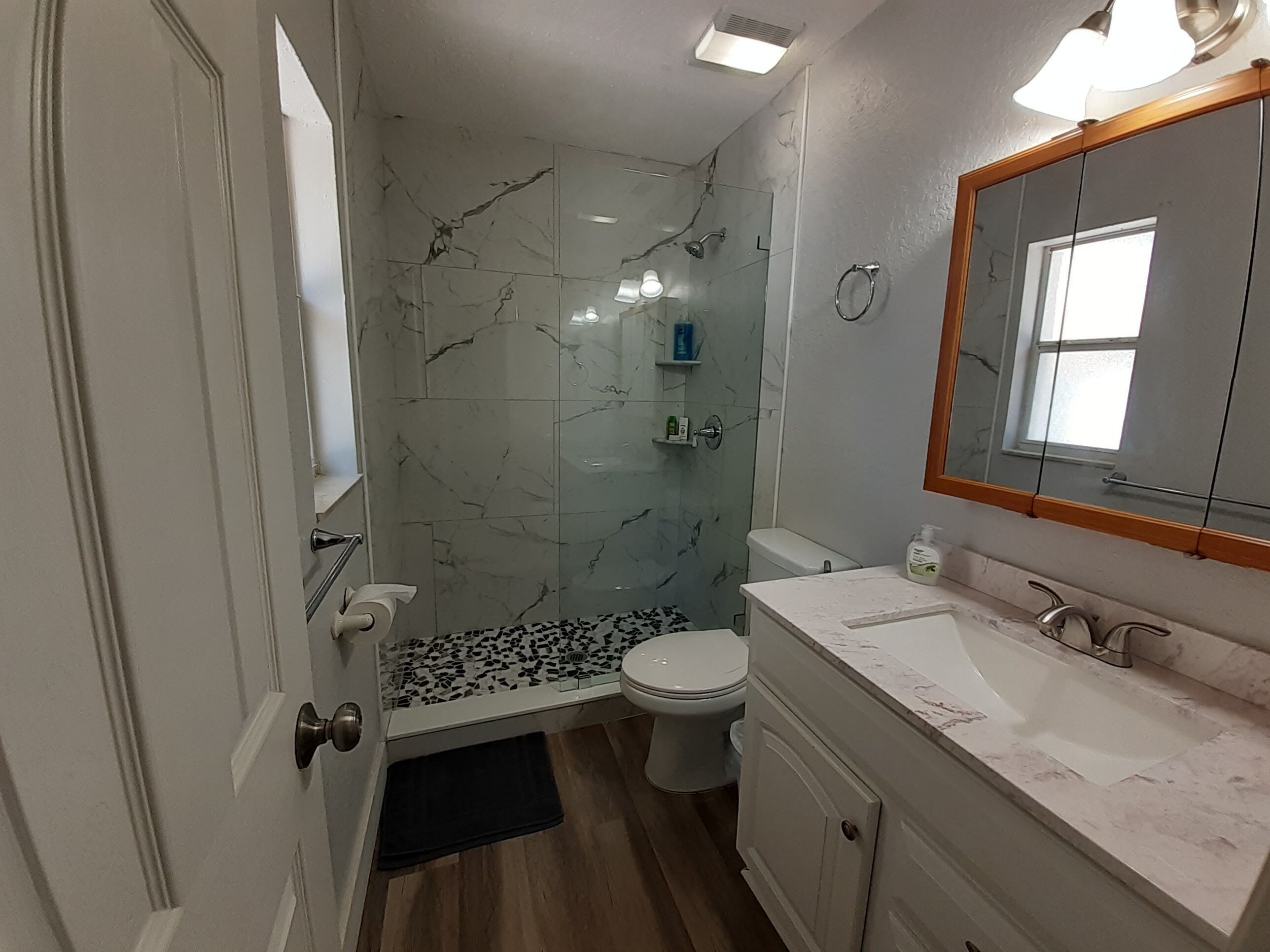 A bathroom with a glass shower enclosure, a toilet, a sink with a marble countertop, and a mirror with a wooden frame.