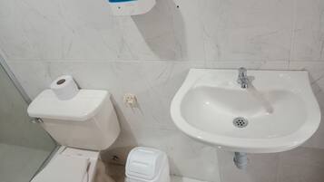 Een douche, een bidet, handdoeken