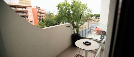 A balcony with a potted plant, a small round table, and a chair.
