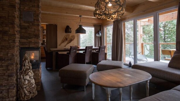 A cozy cabin interior with a stone fireplace, wooden ceiling, and large windows offering a view of the outdoors.