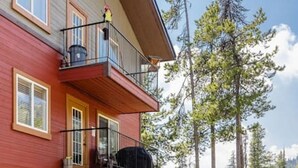 A multi-story building with balconies, large windows, and a forested landscape.