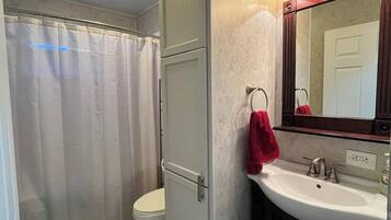 Hair dryer, towels, toilet paper