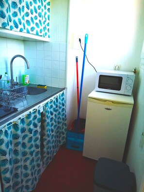 A compact kitchen with a sink, a microwave, and a broom leaning against the wall. - Studio au Calme Avec vue Verdoyante, à 30 mn de Paris (Achères)