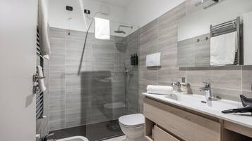 Shower, hair dryer, bidet, towels