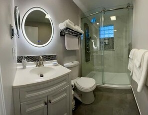Shower, hair dryer, towels, soap