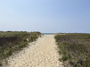 Walk along the well-trodden path to the ocean, flanked by grassy dunes.