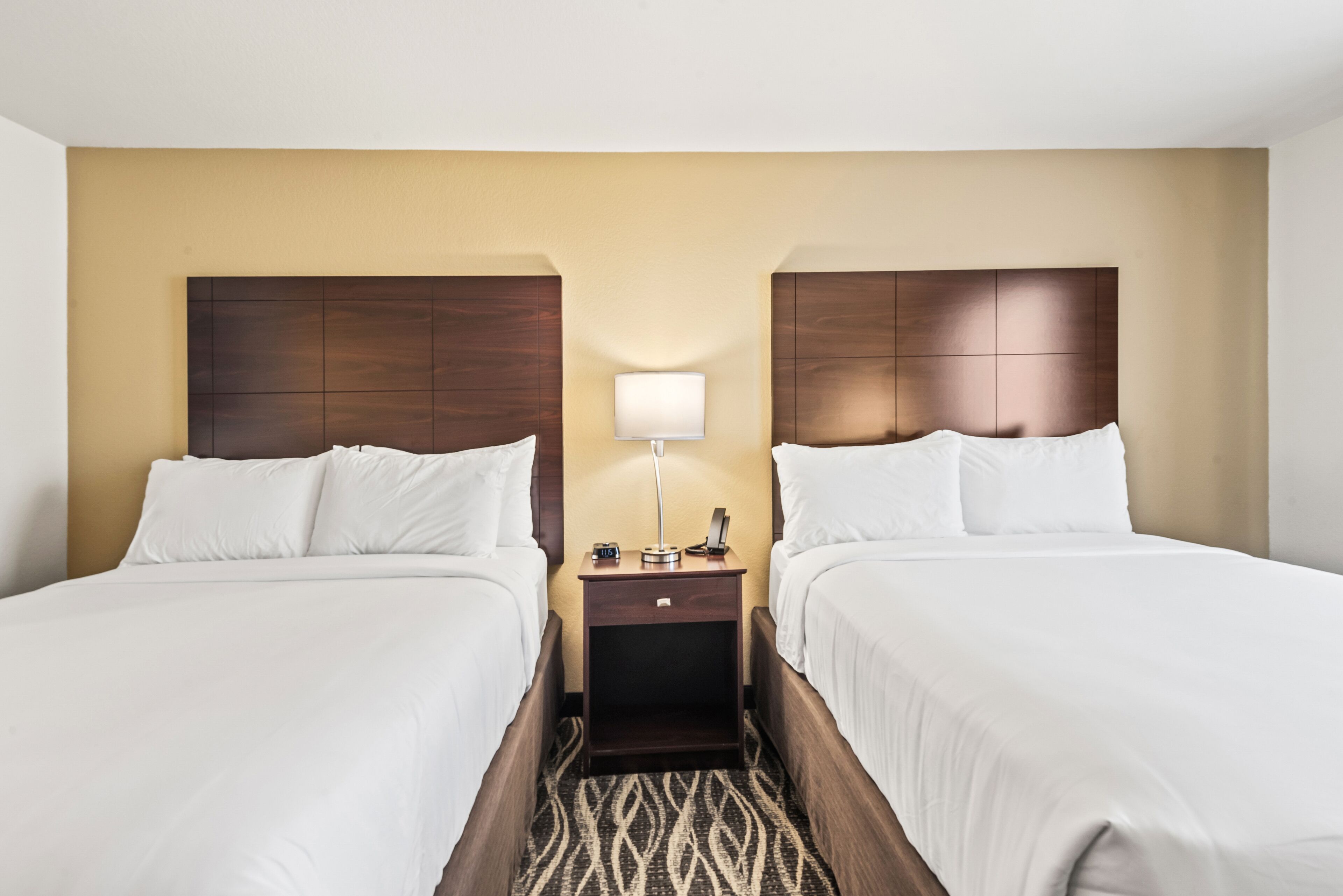 A hotel room with two beds, a nightstand with a lamp, and a patterned carpet.