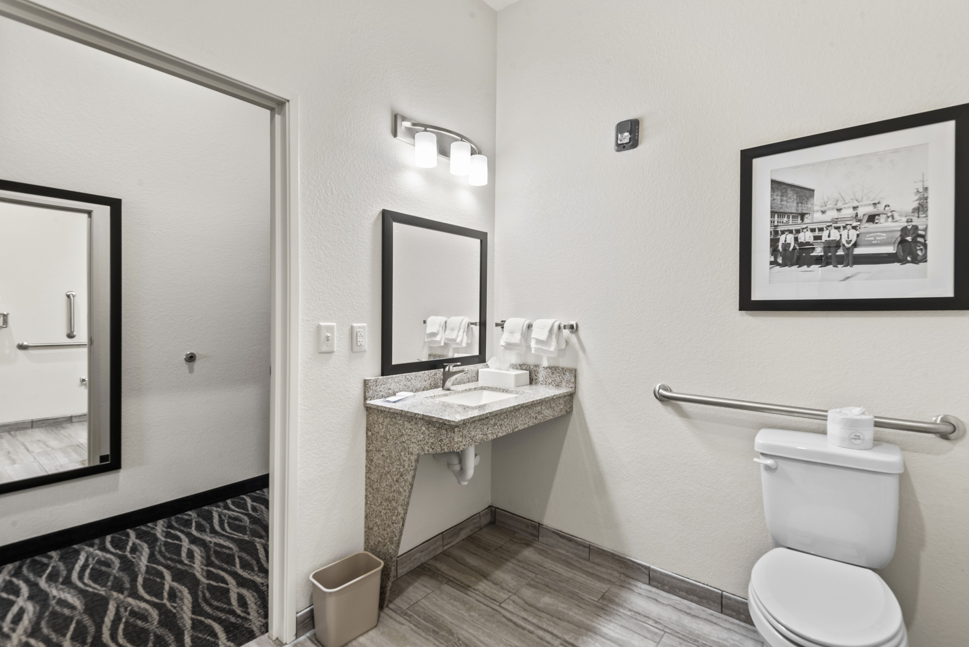 Een hotelbadkamer met een wastafel, spiegel, toilet en een ingelijst fotootje aan de muur.